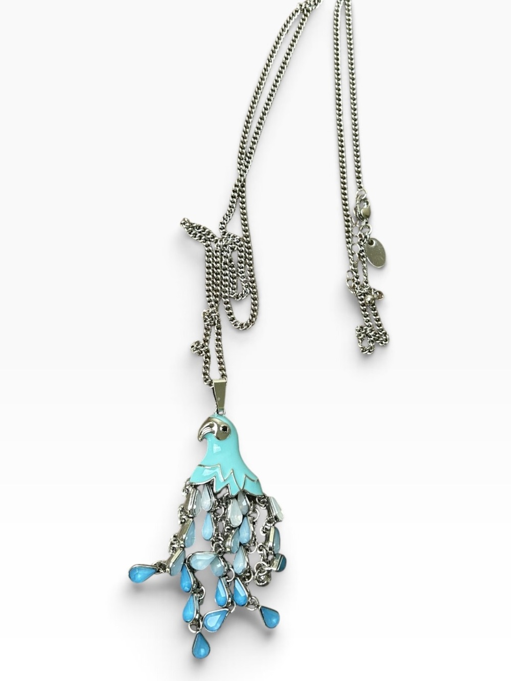 Long Blue Enamel Peacock Teardrop Fringe Statement Necklace